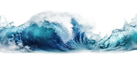 Large stormy sea wave in deep blue, isolated on white. Nature of the climate. in front, Big breaking blue ocean wave. Surfing summer wave banner, fresh and spray, white background with copyspace