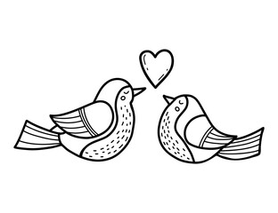 Pair of love birds with heart. Linear hand drawing. Vector illustration. feathered couple for holiday cards and valentines, coloring and decorating.