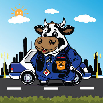 cute cartoon cow with as police officer, illustration vector art for print t shirt