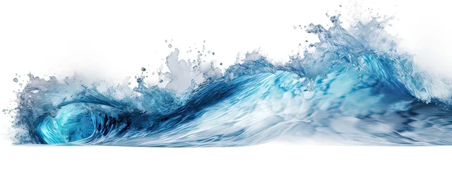 Fotobehang Large stormy sea wave in deep blue, isolated on white. Nature of the climate. in front, Big breaking blue ocean wave. Surfing summer wave banner, fresh and spray, white background with copyspace © Eli Berr