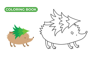 Hedgehog coloring book. Linear vector illustration of forest animal. Black and white drawing of hedgehog carrying Christmas tree on back. Hand drawn doodle style.