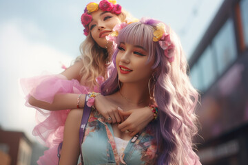 Obraz premium Whimsical Embrace of Colorful Friends in a Vibrant Urban Setting