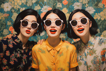 Three Individuals Against a Vibrant Floral Backdrop, Faces Obscured