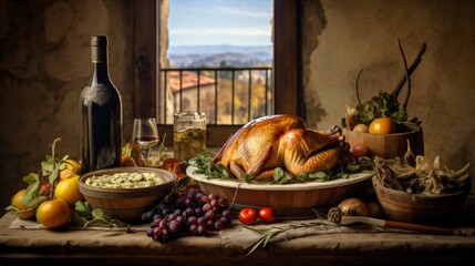 Fototapeta premium provencal thanksgiving feast with turkey and traditional side dishes in front of a winery background