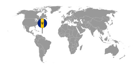 Pin map with Barbados flag on world map. Vector illustration.