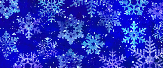 Winter blue vector background with vector snowflakes. Ice. Cold. Frozen water. Hand-drawn watercolor brush strokes. Christmas abstract illustration for background.