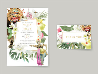 wedding invitation card template with exotic bali dancers watercolor illustration