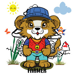 a little lion with as farmer funny animal cartoon