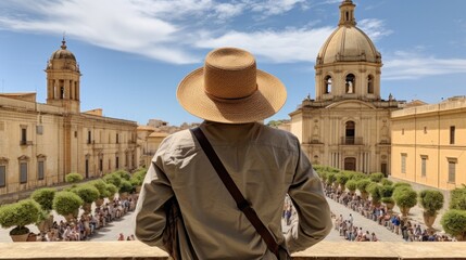 Traveler wearing a hat in front of Palazo Nicolaci in Noto, Sicily. - obrazy, fototapety, plakaty