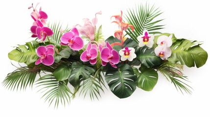Tropical vibes plant bush arrangement featuring Vanda orchids, Monstera and fern, and tropical leaves