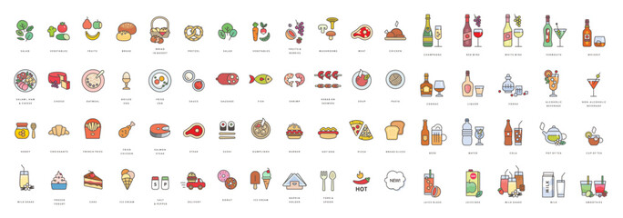 Colorful food, drinks and beverages icon set isolated on background. Vector illustration