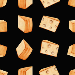 Seamless pattern with pieces of cheese facing different directions. Hand drawn watercolor illustration isolated on dark background. Textile, fabric, print, tea tower, wallpaper, card design element.
