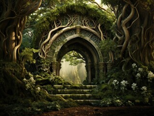Fantasy woodland where trees have branches that twist into intricate arches.