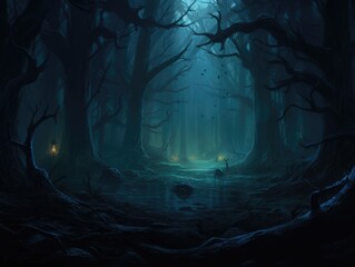 Mystical foggy forest with mysterious, glowing creatures lurking in the shadows.