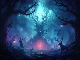Mystical foggy forest with mysterious, glowing creatures lurking in the shadows.
