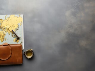 Travel paraphernalia isolated on a gray background, leaving blank space around it