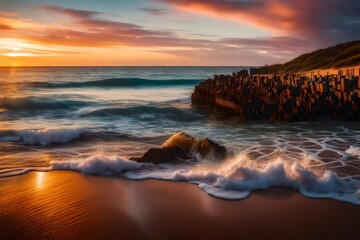 Obraz premium Beautifully crashing beach waves at sunset, vibrant colors, serene atmosphere