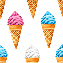 Seamless pattern ice creams. Sweet summer dessert, gelato with different tasties, ice-cream cone and popsicle. Watercolor illustration street frozen fast food for postcards, design, print