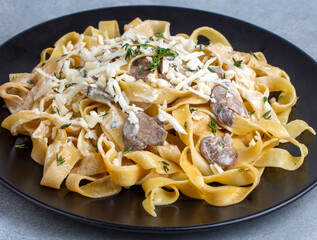 Homemade Italian fettuccine pasta (Fettuccine al Funghi Porcini) with mushroom and cream sauce. Traditional Italian cuisine.