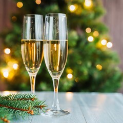 Two glasses of champagne new year eve celebration christmas toast cheering winter season holidays
