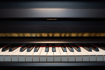 Piano keys. Straight on shot, front view, close up, no people