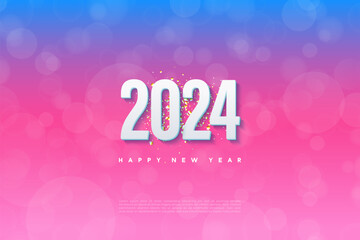 Fototapeta na wymiar happy new year 2024 with very pretty transparent bubble background. design premium vector.