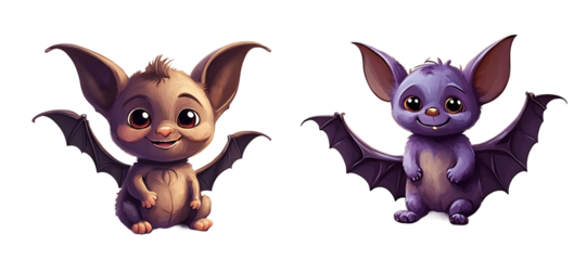 Two cartoon bats flying with wings spread, in a flat contemporary style isolated on a transparent background PNG AI Generative
