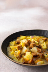 Pea soup with fried croutons, healthy bean soup