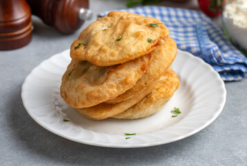 Delicious meat pie from Turkish cuisine. Fried handmade pies. Turkish name; fincan boregi or puf borek