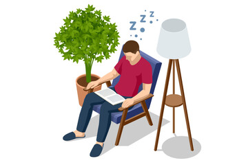Isometric young man fell asleep reading a book. A man is sleeping and holding a book. Fatigue, rest, relaxation. Lifestyle education concept