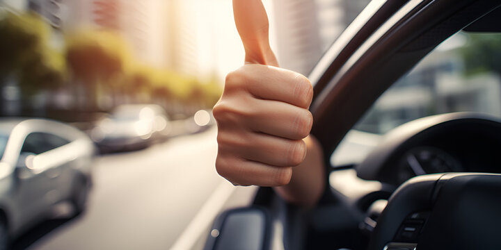 On the Road Confidence: Female Driver Showing Thumbs ,Driving Empowerment: Positive Gesture from a Woman on the Road