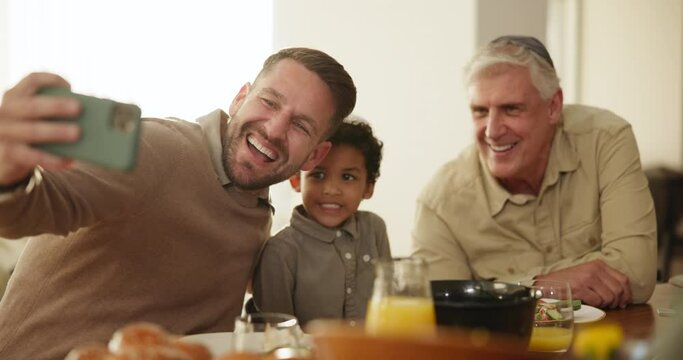 Selfie, kid and man with senior father in a kitchen bond, memory or fun at home together. Jewish, happy family and boy child with dad and grandpa for breakfast, profile picture or photography at home
