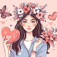 girl with flowers, A girl with flowers, valentine's day vibes, a heart and a butterfly, Generative AI