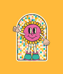 Flower character. Retro cartoon character. Flower sticker. Hippie patch badge. Vintage animation art. Groovy doodle. Vintage cartoon. 60s and 70s nostalgia.