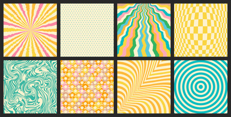 Groovy backgrounds set. Retro groovy collection. 60s and 70s groovy style. Hippie backgrounds. Psychedelic funky. Y2k trendy style. Nostalgia for the 70s.