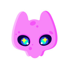Pink cat skull with glowing eyes. Halloween stickers. Neon bright colors. Cool dark cartoon printable flat vector illustration for textile, fabric, wallpaper, wrapping.