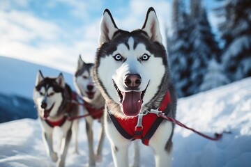 A synchronized sled dog team, showcasing their strength and unity in perfectly fitted dog sledding harnesses - obrazy, fototapety, plakaty
