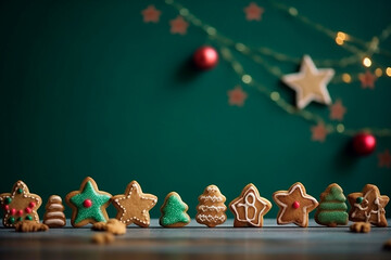 many cute cookies and other more Christmas ornaments lined up, background, xmas concept, design concept