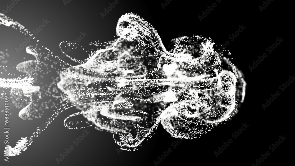 Poster white fluid particle dots are flowing . glowing fluid particles flowing with a dark background; abst