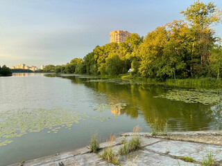 Pekhorka River on a summer evening. Moscow oblast. Balashikha city
