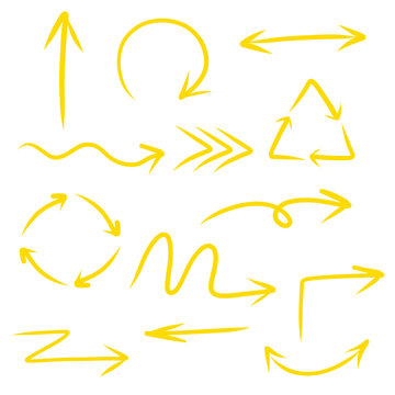  vector hand drawn lines yellow arrows collection set