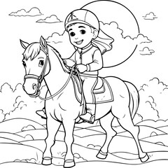 Muslim boy on a horse on a farm coloring page