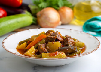 Turkish Food Turlu Mixed Vegetables with Cubed Meat.