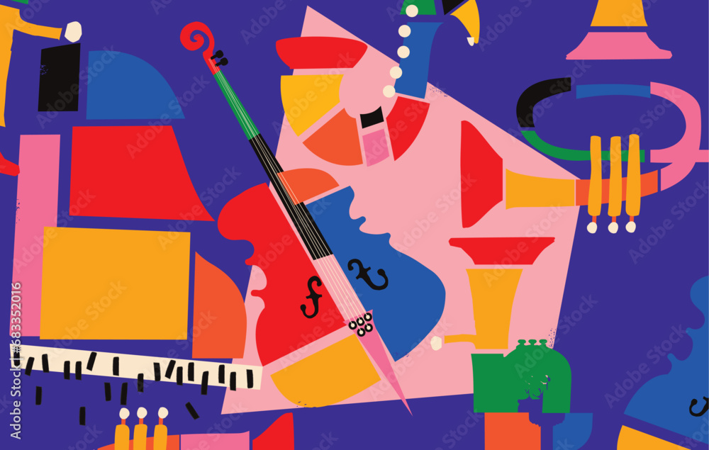 Canvas Prints multicolored hand-drawn jazz music session poster with piano, sax, guitar, trumpet and violoncello. 