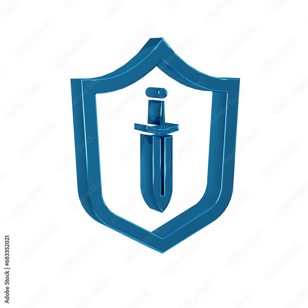 Poster Blue Medieval shield with sword icon isolated on transparent background.