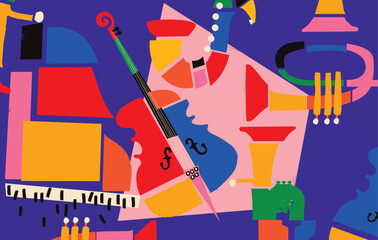Multicolored hand-drawn jazz music session poster with piano, sax, guitar, trumpet and violoncello. Artsy promo flyer or invitation. Colorful concert event doodle background with musical instruments	