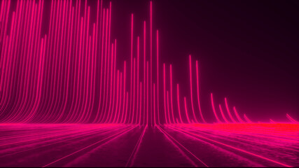 Abstract futuristic neon background, pink glowing lines, laser beams, light speed. 3d render