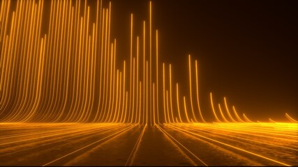 Abstract futuristic neon background, orange glowing lines, laser beams, light speed. 3d render