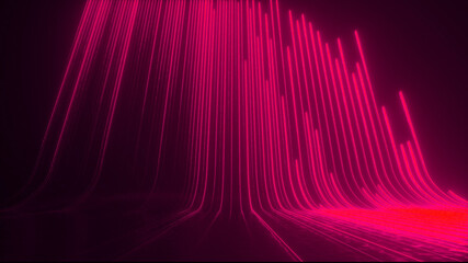 Abstract futuristic neon background, pink glowing lines, laser beams, light speed. 3d render