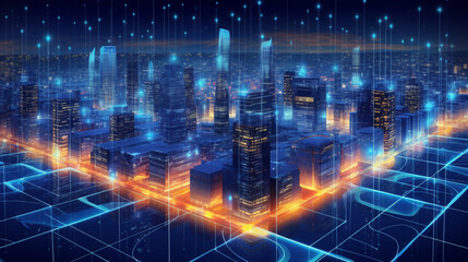 Fototapeta na wymiar Futuristic City Skyline, Global Business, Data Exchange, Smart Network and Connection, data traffic